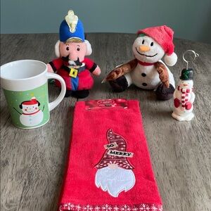Set of 5 Christmas Items - Santa, Snowmen, Toy Soldier, Hand Towel